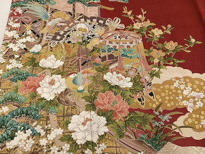 平和屋着物●豪華振袖　檜扇鴛鴦几帳花楽器文　暈し染め　金彩　正絹　逸品　AABL0660ph