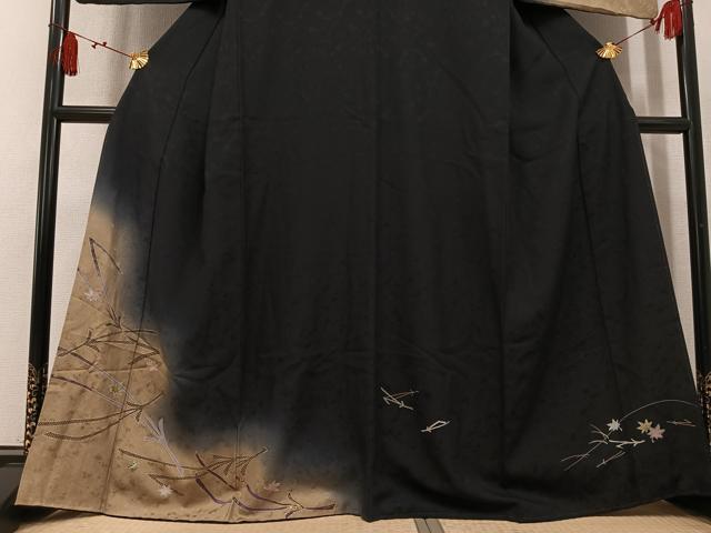 平和屋着物●訪問着　松楓　暈し染め　黒地　金彩　正絹　逸品　AABL0663ph