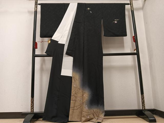 平和屋着物●訪問着　松楓　暈し染め　黒地　金彩　正絹　逸品　AABL0663ph