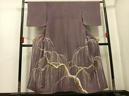 平和屋着物●色留訪問着　雪持ち枝垂れ柳　鬼しぼ縮緬　正絹　逸品　AABL0682ph