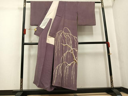 平和屋着物●色留訪問着　雪持ち枝垂れ柳　鬼しぼ縮緬　正絹　逸品　AABL0682ph
