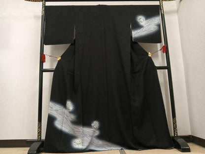 平和屋着物●訪問着　手描き　梅　暈し染め　黒地　銀彩　ほていや扱い　正絹　逸品　未使用　AABL0687ph