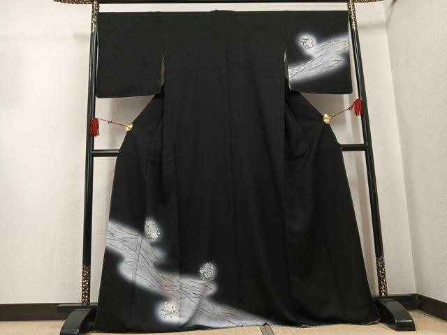 平和屋着物●訪問着　手描き　梅　暈し染め　黒地　銀彩　ほていや扱い　正絹　逸品　未使用　AABL0687ph