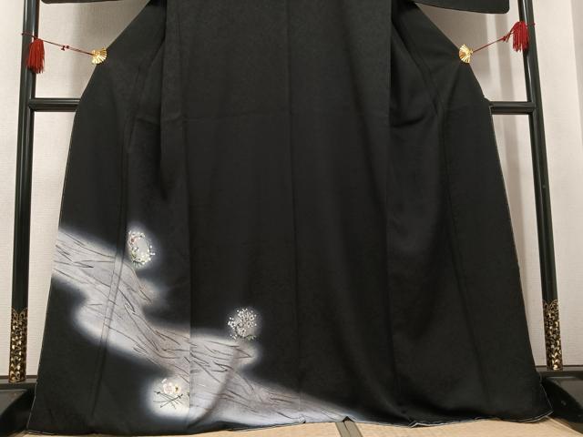 平和屋着物●訪問着　手描き　梅　暈し染め　黒地　銀彩　ほていや扱い　正絹　逸品　未使用　AABL0687ph