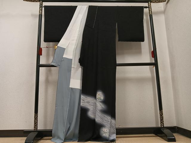 平和屋着物●訪問着　手描き　梅　暈し染め　黒地　銀彩　ほていや扱い　正絹　逸品　未使用　AABL0687ph