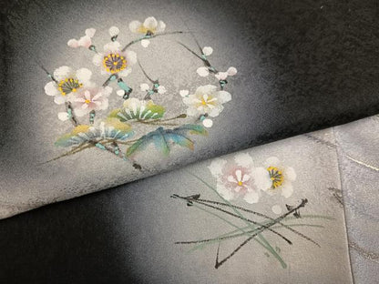 平和屋着物●訪問着　手描き　梅　暈し染め　黒地　銀彩　ほていや扱い　正絹　逸品　未使用　AABL0687ph