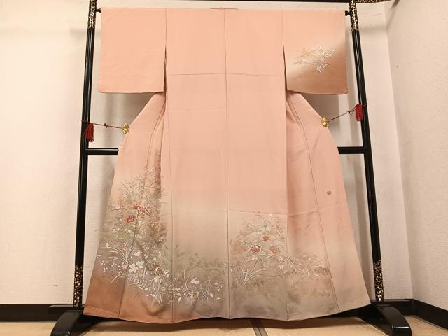 平和屋着物●訪問着　作家物　総刺繍　草花文　暈し染め　金彩　正絹　逸品　AABL0690ph