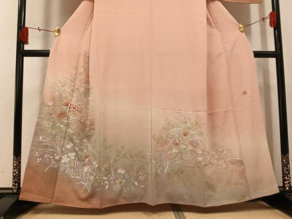 平和屋着物●訪問着　作家物　総刺繍　草花文　暈し染め　金彩　正絹　逸品　AABL0690ph