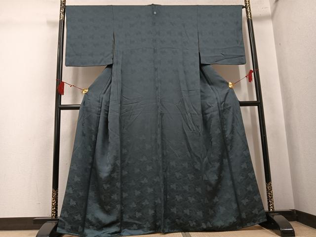 平和屋着物●上質な色無地　草花地紋　藍海松茶色　正絹　逸品　AABL0691ph