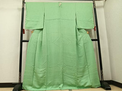 平和屋着物●上質な色無地　草花地紋　柳色　正絹　逸品　未使用　AABL0705ph