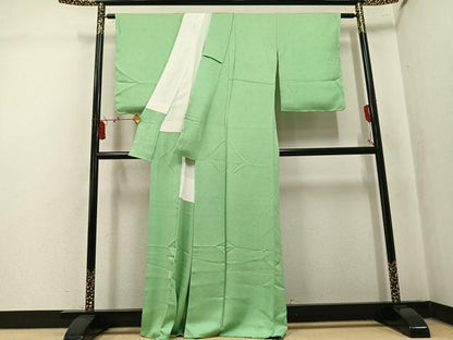 平和屋着物●上質な色無地　草花地紋　柳色　正絹　逸品　未使用　AABL0705ph