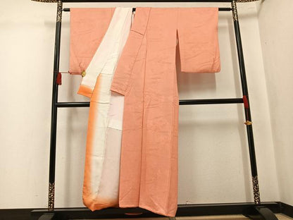 平和屋着物●上質な色無地　折り鶴地紋　深支子色　正絹　逸品　AABL0716ph