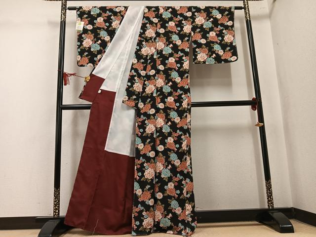 平和屋着物●小紋　花蝶文　黒地　洗える着物　未使用　AABL0729ph
