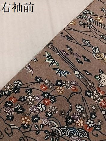 平和屋着物●上質な小紋　型染め　流水風景草花文　正絹　逸品　AABL0740ph