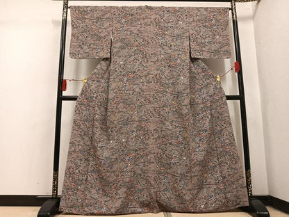 平和屋着物●上質な小紋　型染め　流水風景草花文　正絹　逸品　AABL0740ph