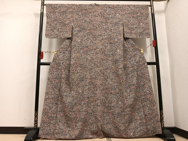 平和屋着物●上質な小紋　型染め　流水風景草花文　正絹　逸品　AABL0740ph