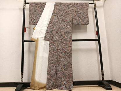 平和屋着物●上質な小紋　型染め　流水風景草花文　正絹　逸品　AABL0740ph