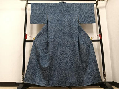 平和屋着物●上質な小紋　紬地　藍　型染め　枝梅　正絹　逸品　AABL0742ph