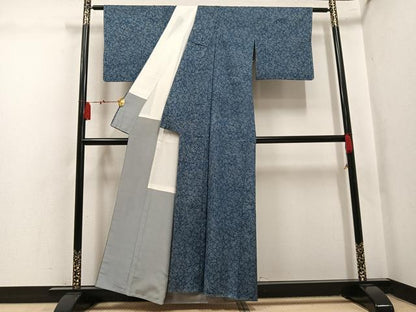 平和屋着物●上質な小紋　紬地　藍　型染め　枝梅　正絹　逸品　AABL0742ph