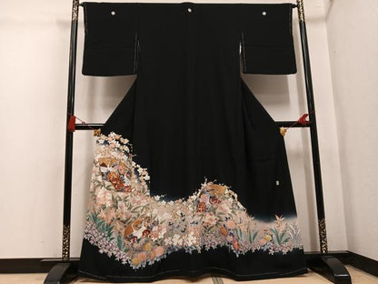 平和屋着物●豪華黒留袖　作家物　駒刺繍　地紙群鶴花文　暈し染め　金彩　正絹　逸品　未使用　AABL0748ph
