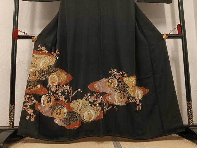 平和屋着物●創業460年・千總　黒留袖　駒刺繍　鳳凰更紗文　金彩　正絹　逸品　AABL0749ph