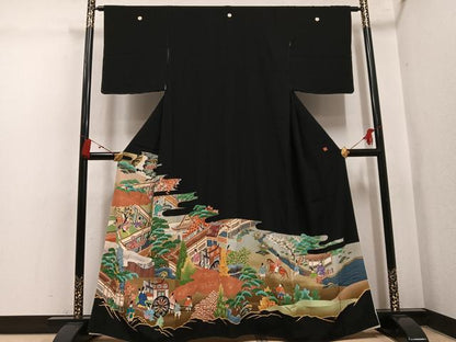 平和屋着物●豪華黒留袖　作家物　御所車人物風景文　金銀彩　正絹　逸品　AABL0750ph