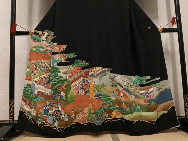 平和屋着物●豪華黒留袖　作家物　御所車人物風景文　金銀彩　正絹　逸品　AABL0750ph
