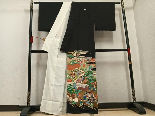 平和屋着物●豪華黒留袖　作家物　御所車人物風景文　金銀彩　正絹　逸品　AABL0750ph