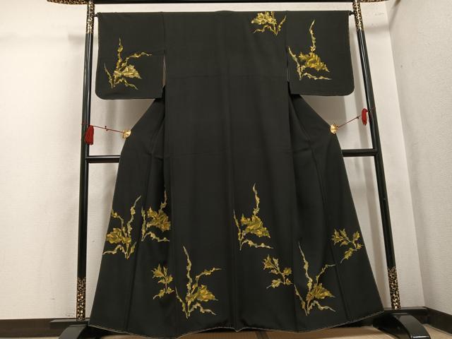 平和屋着物●訪問着　草花文　黒地　正絹　逸品　未使用　AABL0752ph
