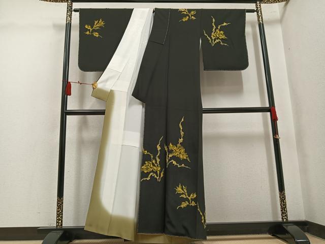平和屋着物●訪問着　草花文　黒地　正絹　逸品　未使用　AABL0752ph