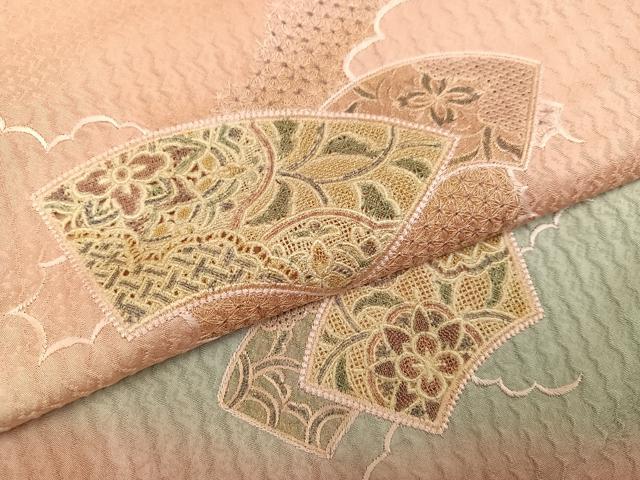 平和屋着物●訪問着　中国三大刺繍　スワトウ刺繍　汕頭刺繍　総刺繍　地紙花文　暈し染め　金糸　正絹　逸品　AABL0754ph