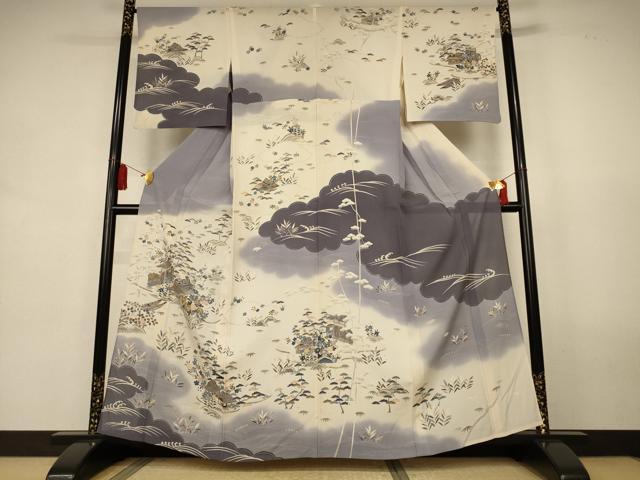平和屋着物＊夏物　訪問着　絽　駒刺繍　風景文　銀彩　正絹　逸品　AABL0770jd