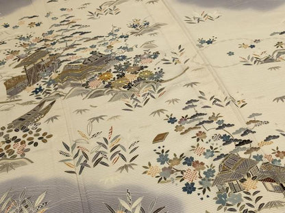 平和屋着物＊夏物　訪問着　絽　駒刺繍　風景文　銀彩　正絹　逸品　AABL0770jd