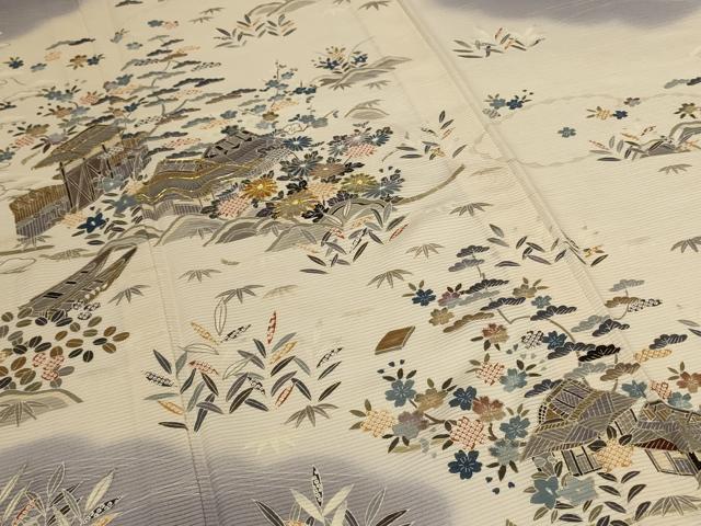 平和屋着物＊夏物　訪問着　絽　駒刺繍　風景文　銀彩　正絹　逸品　AABL0770jd