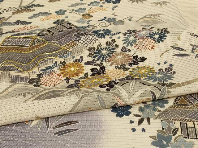 平和屋着物＊夏物　訪問着　絽　駒刺繍　風景文　銀彩　正絹　逸品　AABL0770jd