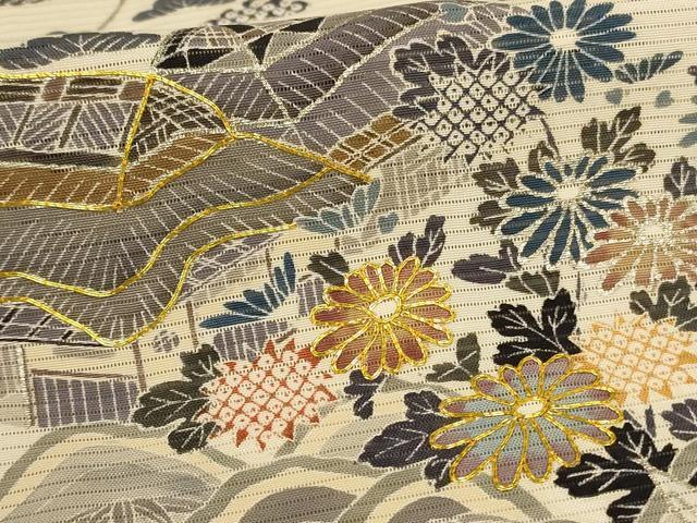 平和屋着物＊夏物　訪問着　絽　駒刺繍　風景文　銀彩　正絹　逸品　AABL0770jd