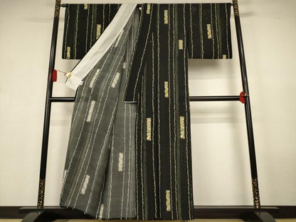 平和屋着物＊夏物　小紋　絽　草花間道　黒地　京都きもの友禅扱い　正絹　逸品　AABL0774jd