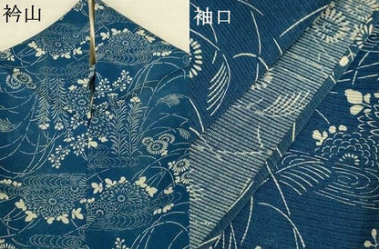 平和屋着物＊夏物　小紋　絽　藍　型染め　流水草花文　正絹　逸品　AABL0786jd