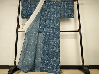 平和屋着物＊夏物　小紋　絽　藍　型染め　流水草花文　正絹　逸品　AABL0786jd