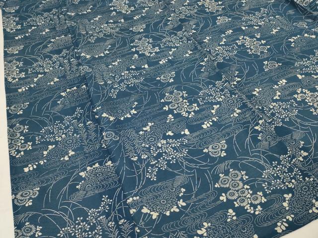 平和屋着物＊夏物　小紋　絽　藍　型染め　流水草花文　正絹　逸品　AABL0786jd