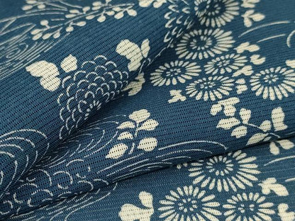 平和屋着物＊夏物　小紋　絽　藍　型染め　流水草花文　正絹　逸品　AABL0786jd