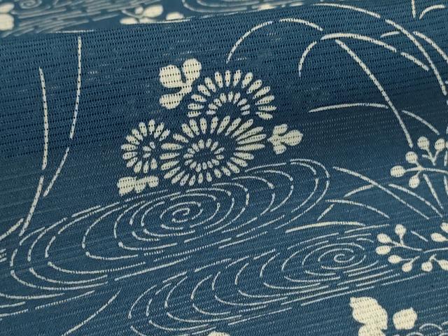 平和屋着物＊夏物　小紋　絽　藍　型染め　流水草花文　正絹　逸品　AABL0786jd