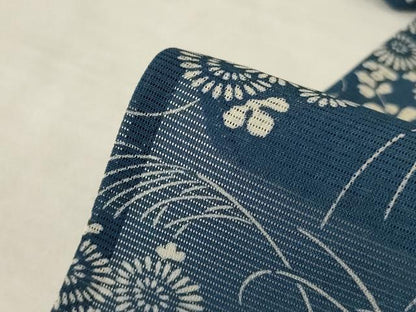 平和屋着物＊夏物　小紋　絽　藍　型染め　流水草花文　正絹　逸品　AABL0786jd