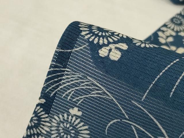 平和屋着物＊夏物　小紋　絽　藍　型染め　流水草花文　正絹　逸品　AABL0786jd