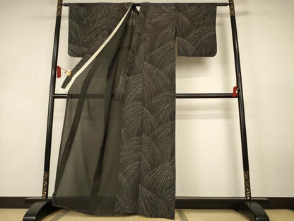 平和屋着物＊夏物　小紋　絽　抽象文様　黒地　正絹　逸品　AABL0793jd