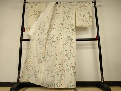 平和屋着物＊夏物　小紋　絽　草花文　銀彩　正絹　逸品　AABL0801jd