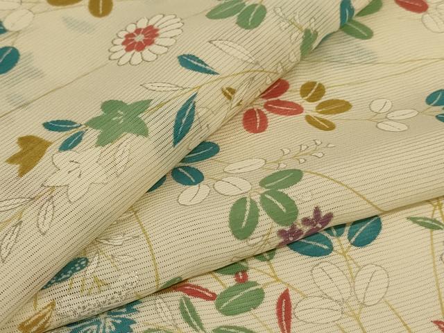 平和屋着物＊夏物　小紋　絽　草花文　銀彩　正絹　逸品　AABL0801jd