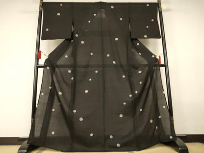 平和屋着物＊夏物　小紋　紗紬　渦　黒地　正絹　逸品　AABL0806jd
