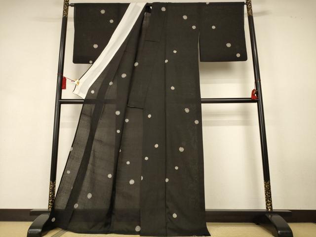 平和屋着物＊夏物　小紋　紗紬　渦　黒地　正絹　逸品　AABL0806jd