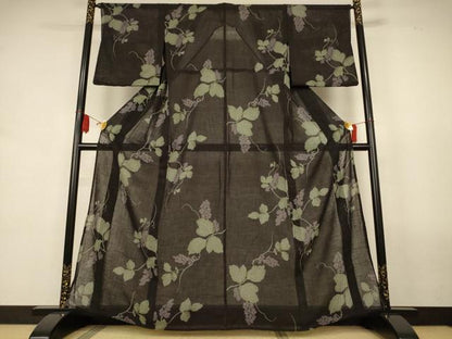 平和屋着物＊夏物　小紋　紗　葡萄蔦の葉文　洗える着物　AABL0826jd